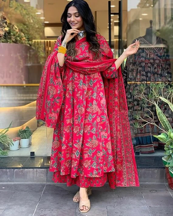 Stylish Red Floral Printed Kurti with Dupatta