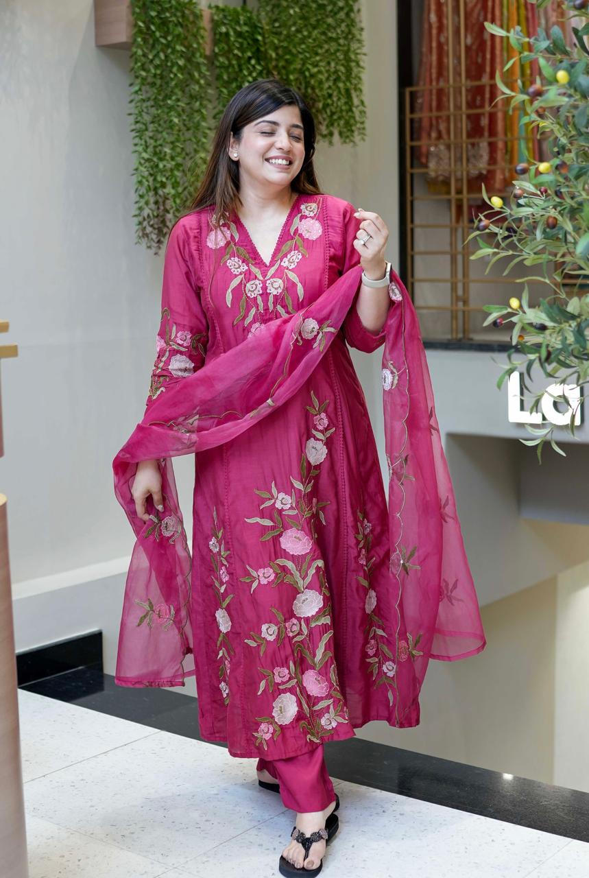 Stylish Pink Floral Embroidered Kurta Set with Dupatta