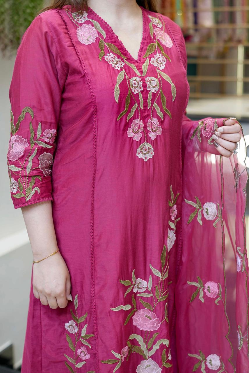 Stylish Pink Floral Embroidered Kurta Set with Dupatta