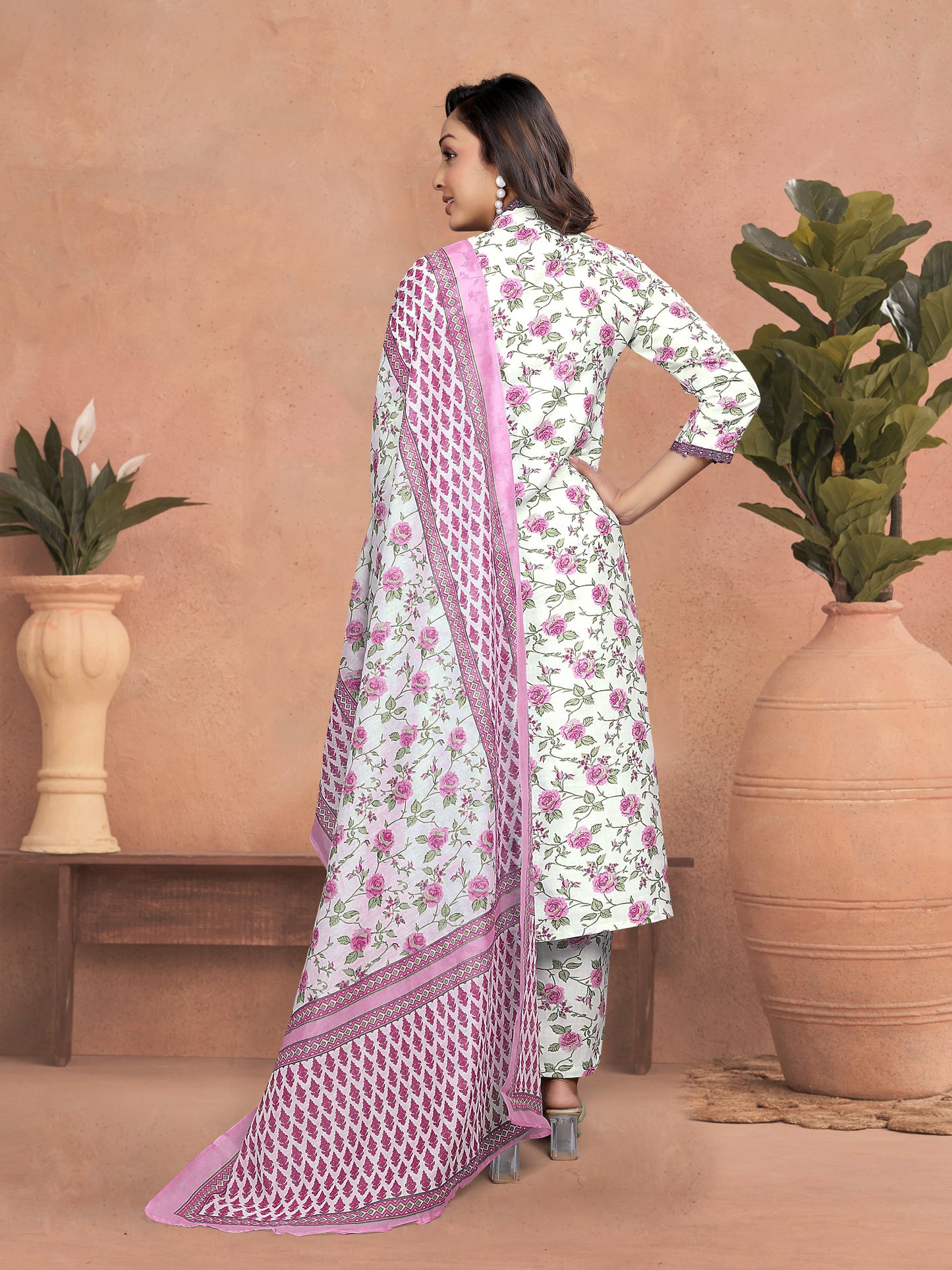 Casual Wear Pink Cotton Kurta Set