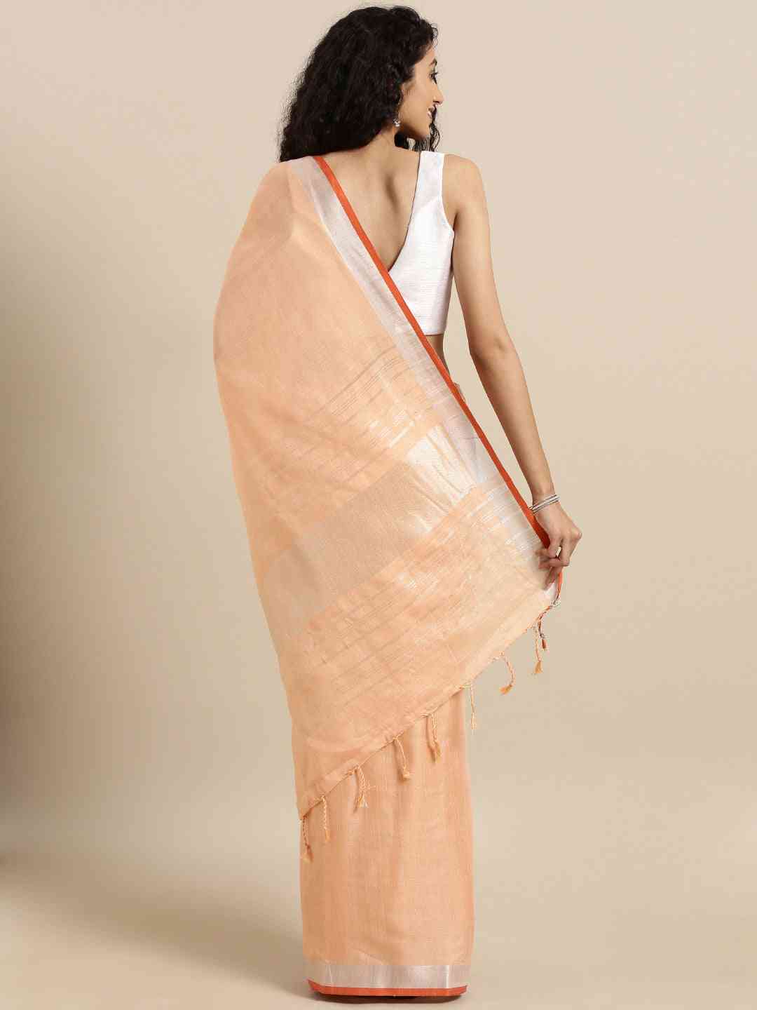 Stylish Solid Linen Saree With Zari Border by My Store