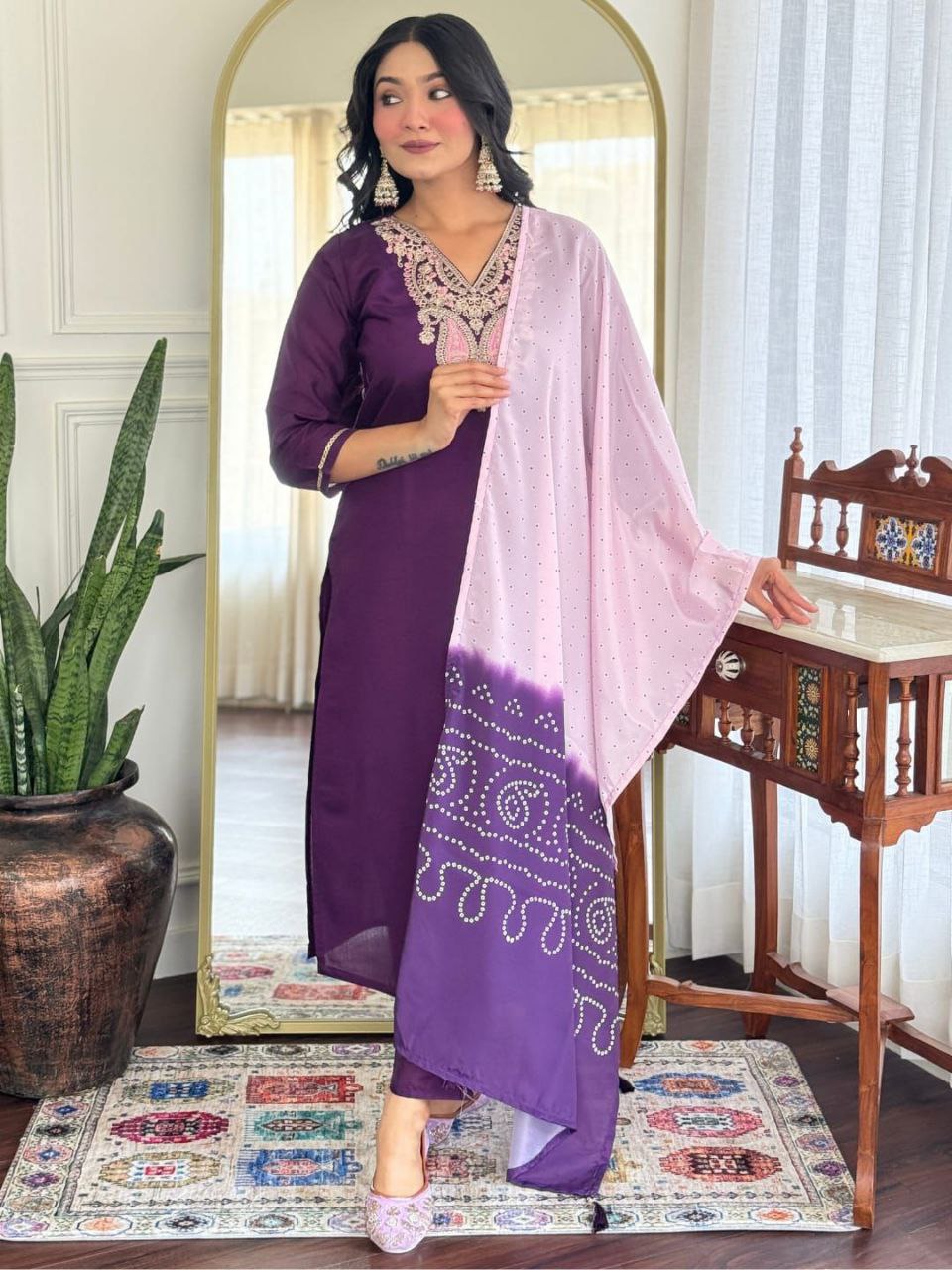 Elegant Purple Embroidered Kurta Set with Pink Dupatta