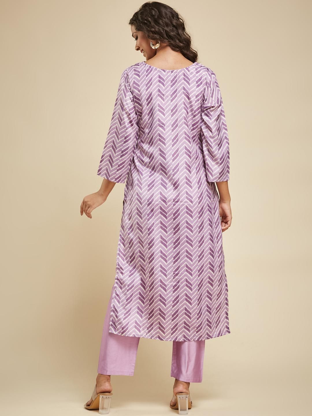 Elegant Purple Chevron Kurta Set with Embroidered Dupatta
