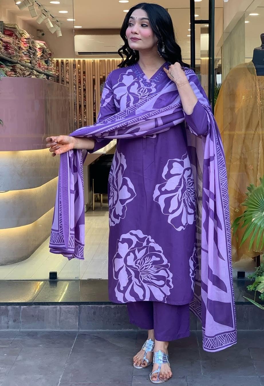 Elegant Purple Floral Traditional Outfit with Matching Dupatta