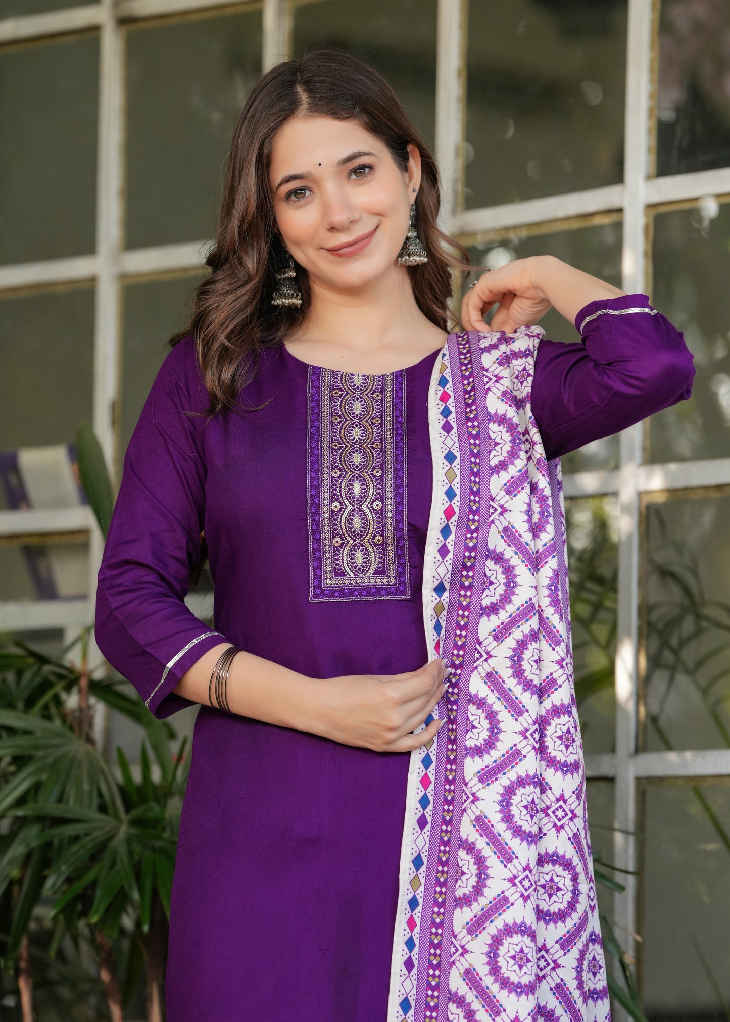 Rayon Embroidered Purple Kurta Set