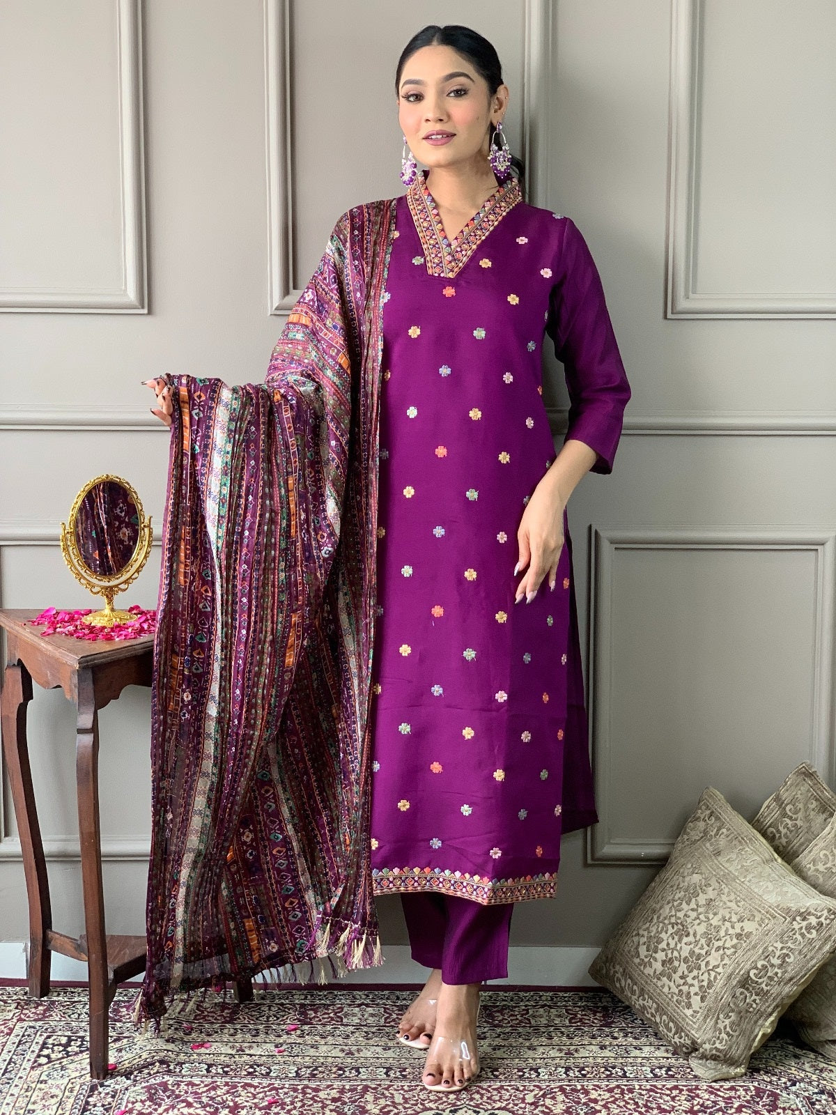 Festival Wear Embroidered Purple Kurta Set
