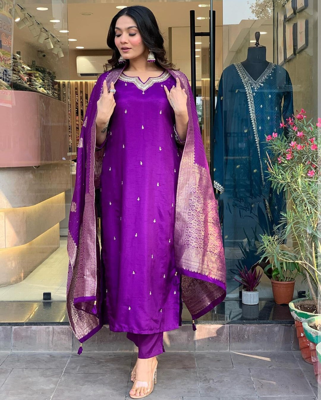 Elegant Royal Purple Silk Suit with Banarasi Dupatta