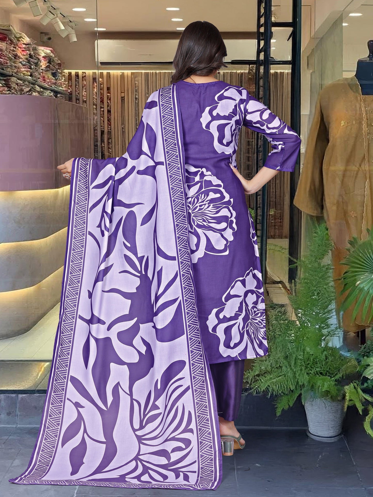 Elegant Purple Floral Traditional Outfit with Matching Dupatta