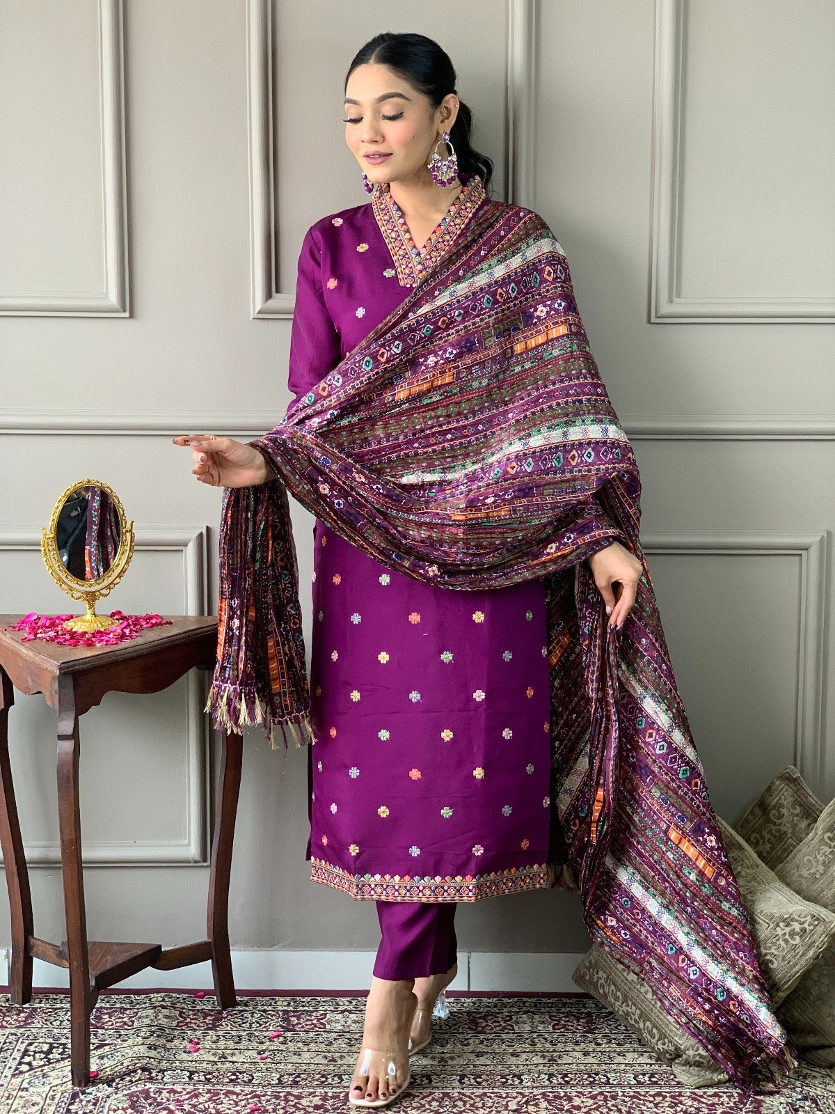 Festival Wear Embroidered Purple Kurta Set