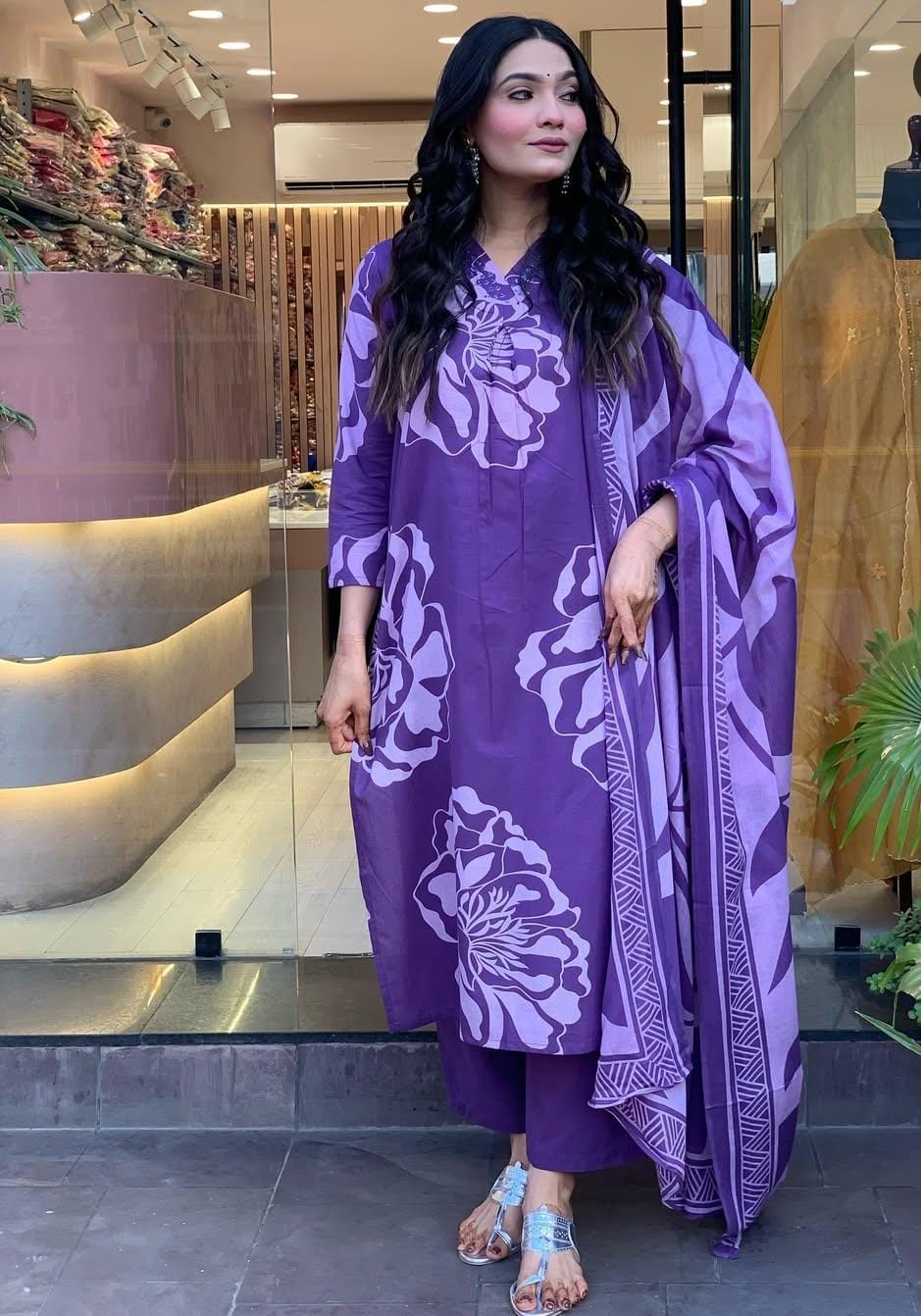 Elegant Purple Floral Traditional Outfit with Matching Dupatta