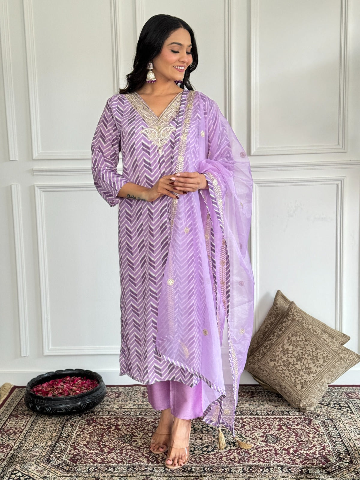 Elegant Purple Chevron Kurta Set with Embroidered Dupatta