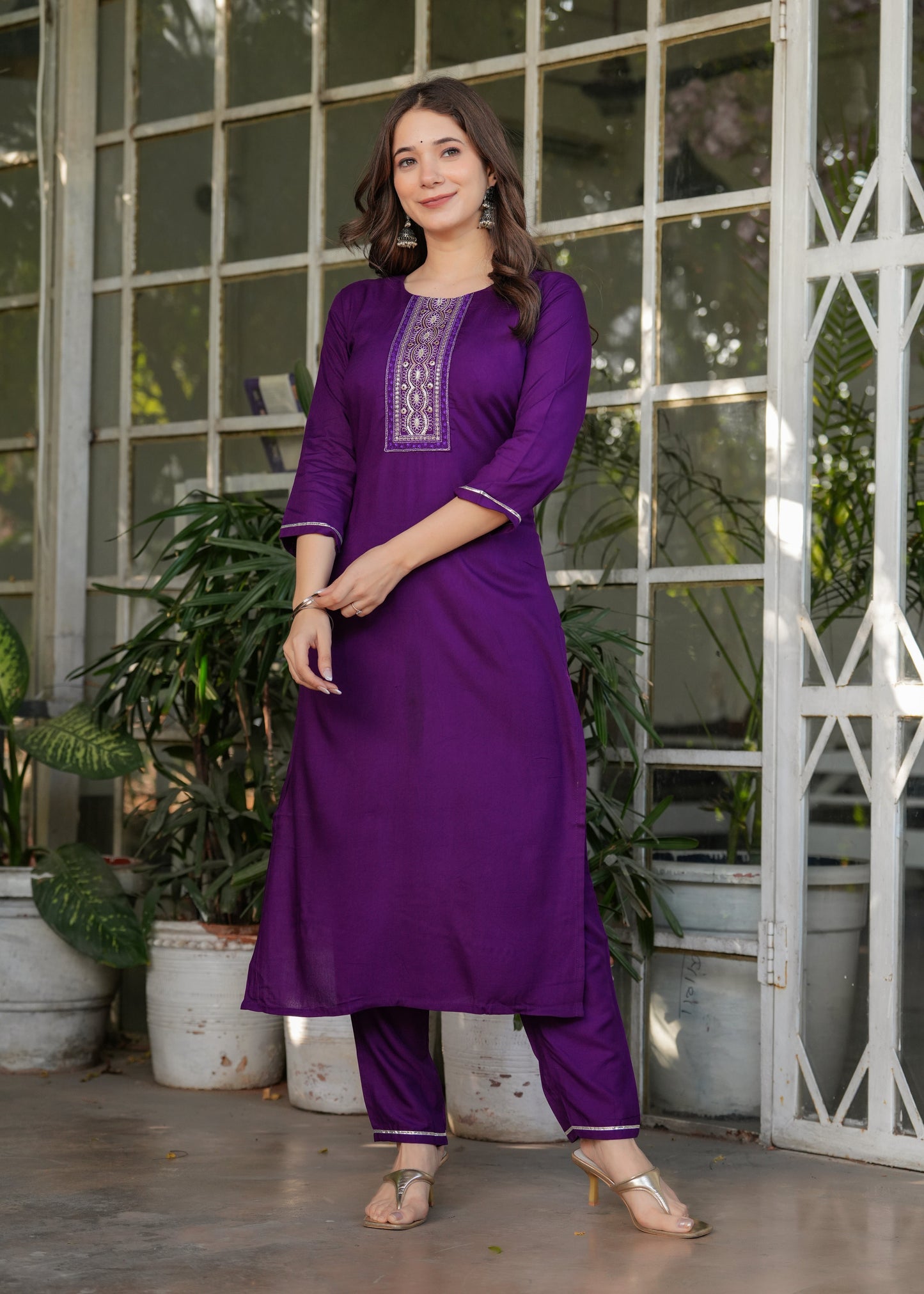 Rayon Embroidered Purple Kurta Set