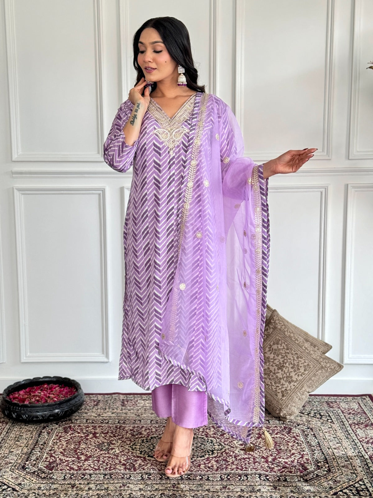 Elegant Purple Chevron Kurta Set with Embroidered Dupatta