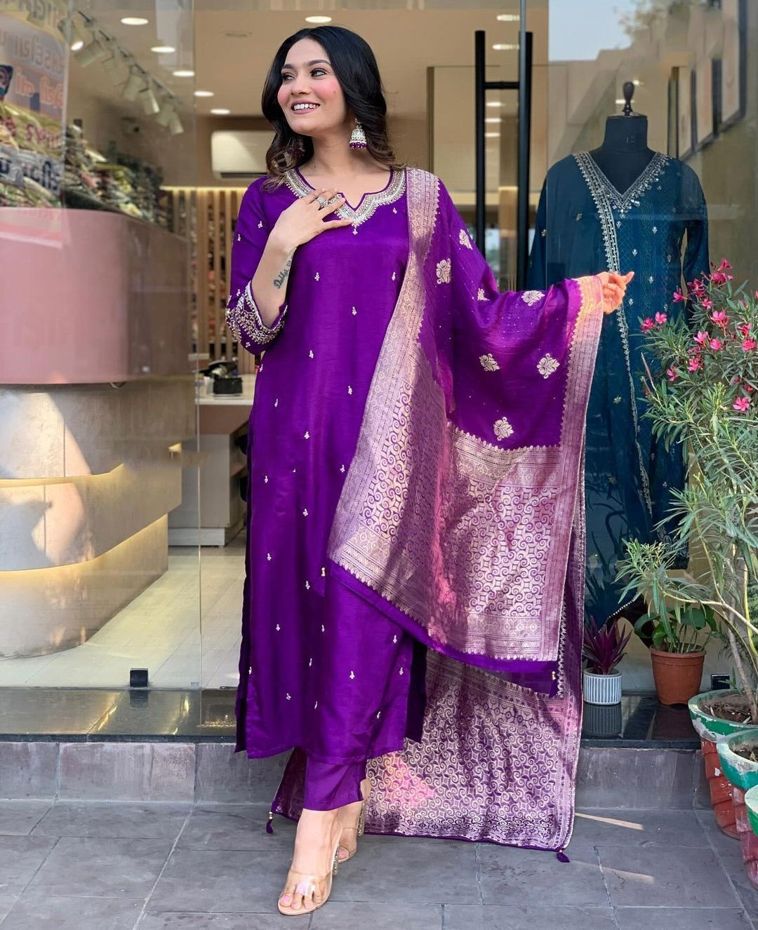 Elegant Royal Purple Silk Suit with Banarasi Dupatta