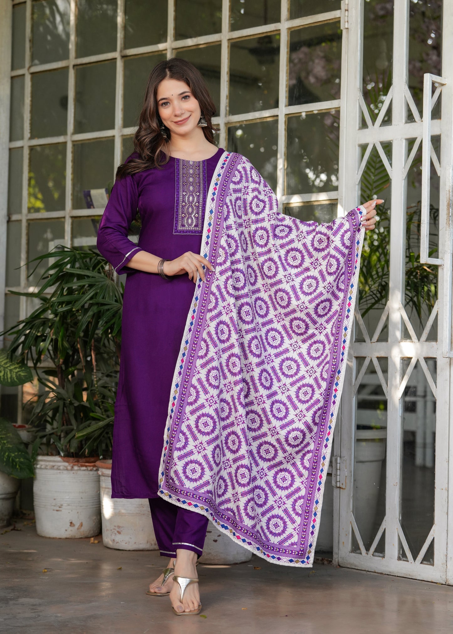 Rayon Embroidered Purple Kurta Set