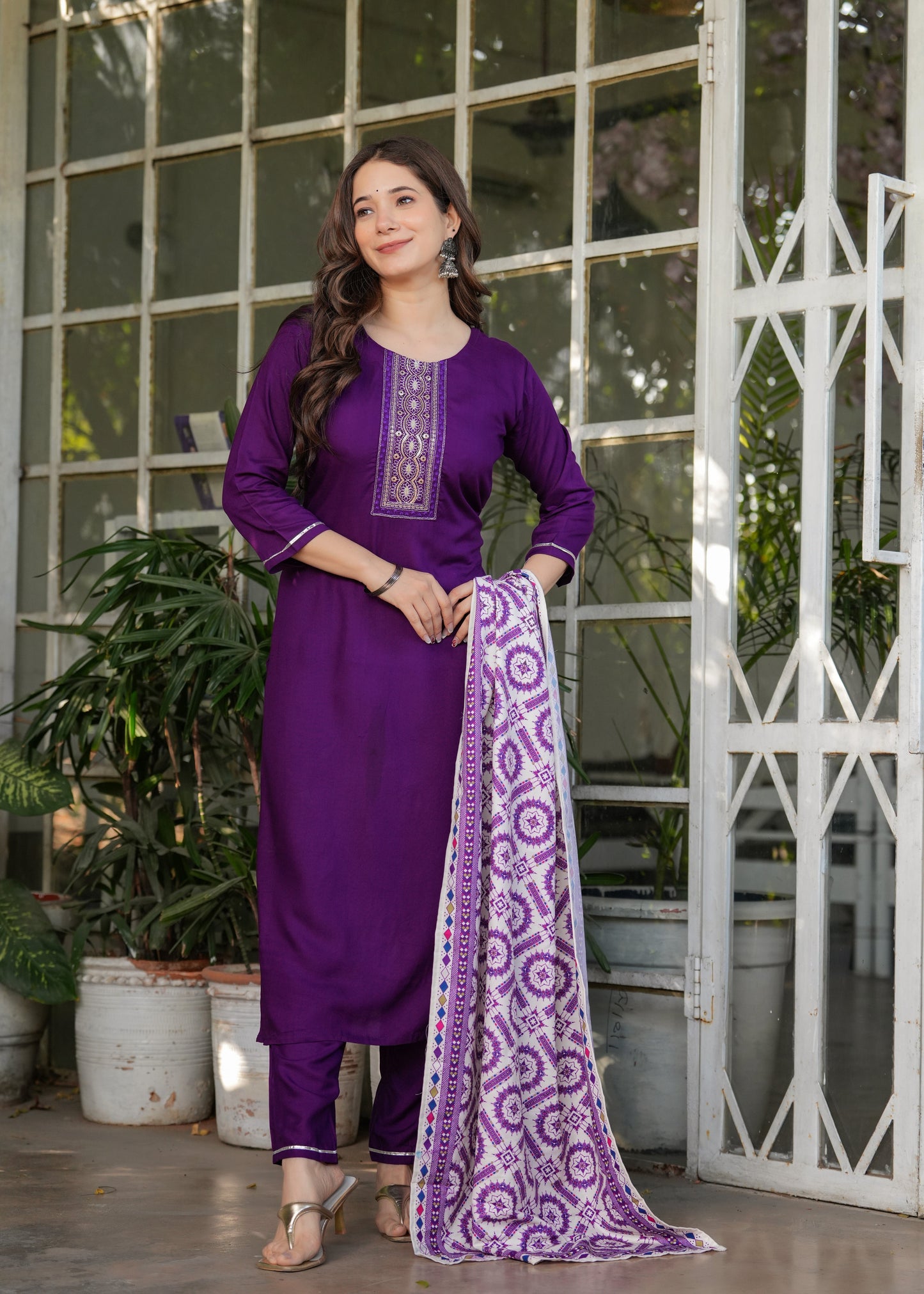 Rayon Embroidered Purple Kurta Set