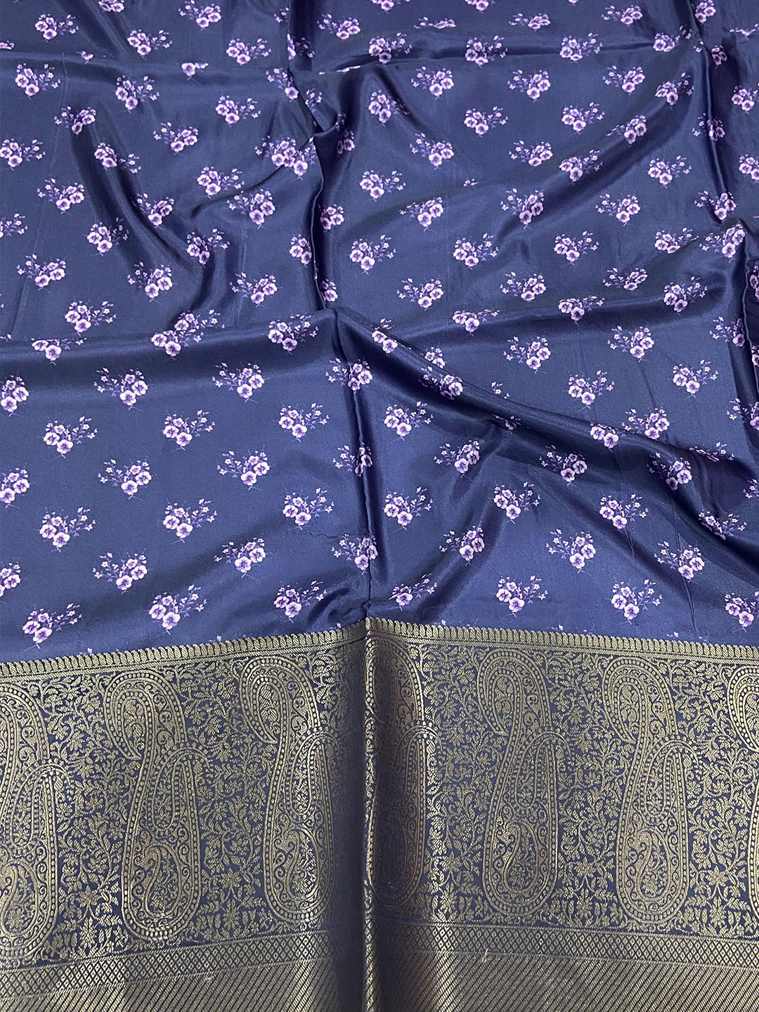 Lilac Purple Satin Silk Floral Print Saree