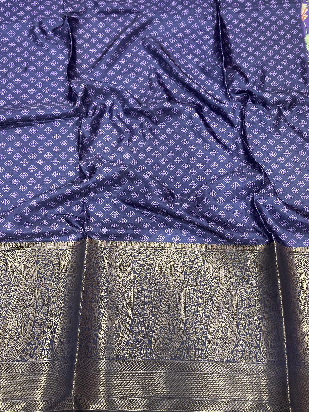 Iris Purple Satin Silk Floral Print Saree