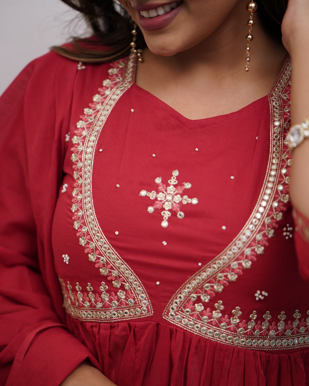 Women's Red Embroidered Kurta Set with Dupatta – Festive Wear
