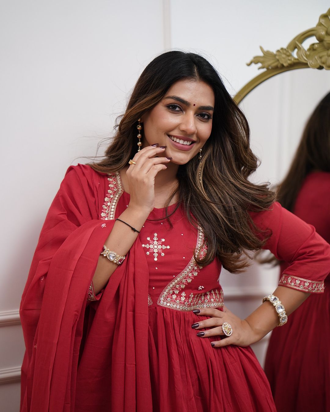 Women's Red Embroidered Kurta Set with Dupatta – Festive Wear