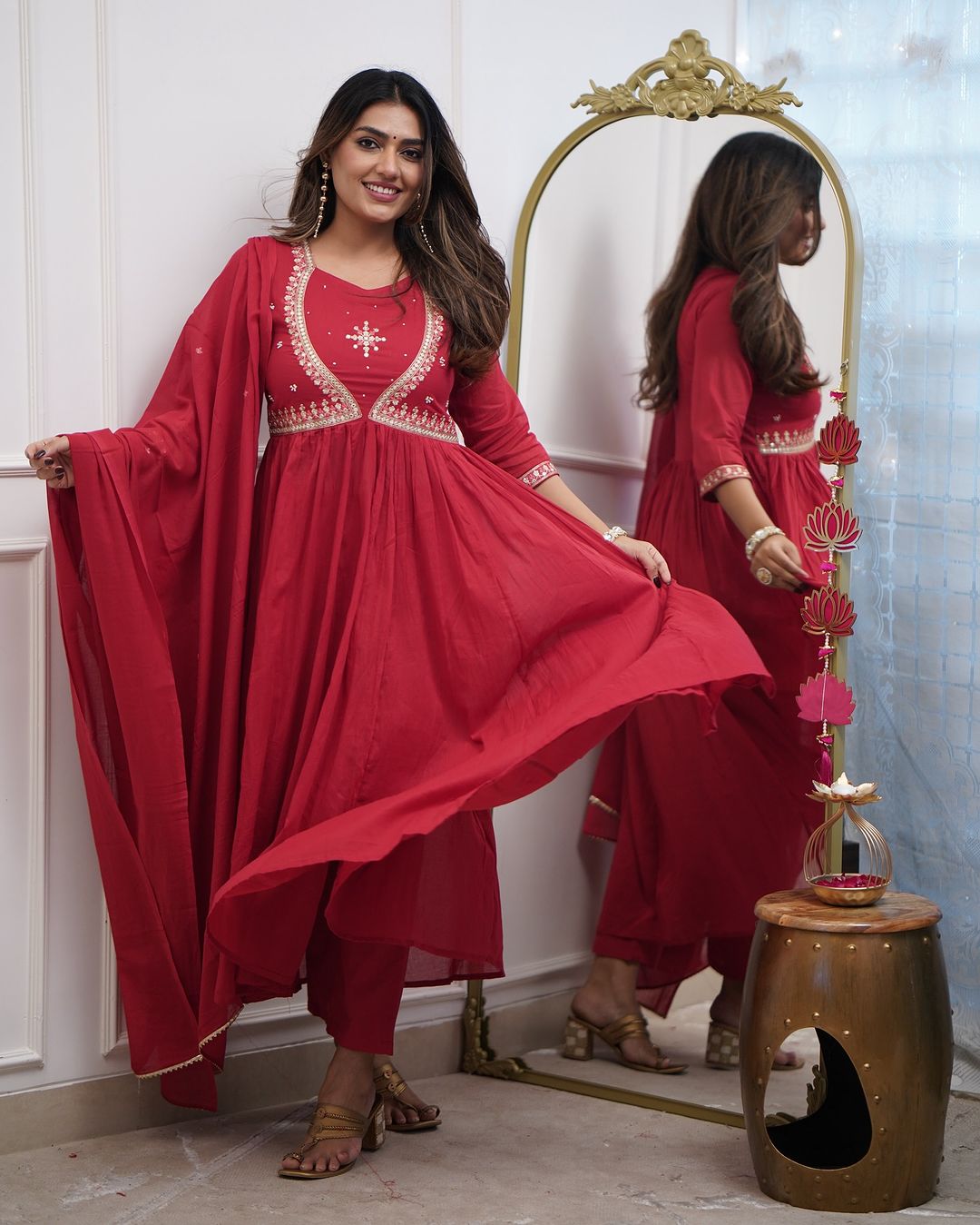 Women's Red Embroidered Kurta Set with Dupatta – Festive Wear