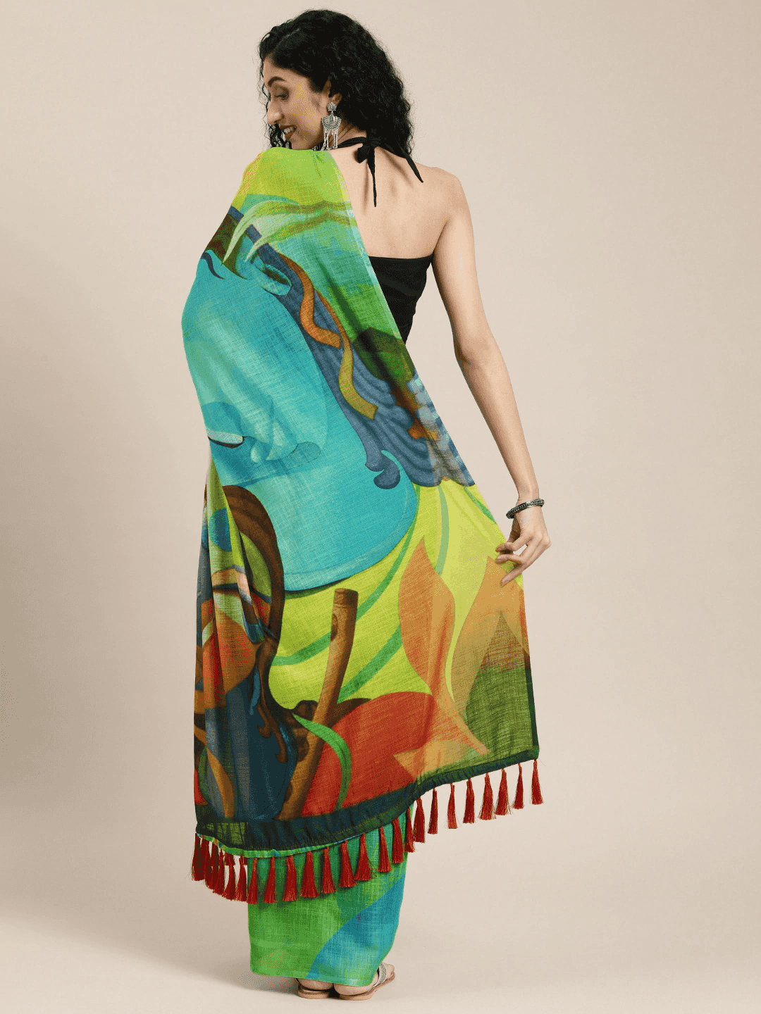 Stylish Abstract Printed Linen Saree With Resham Tassel by My Store