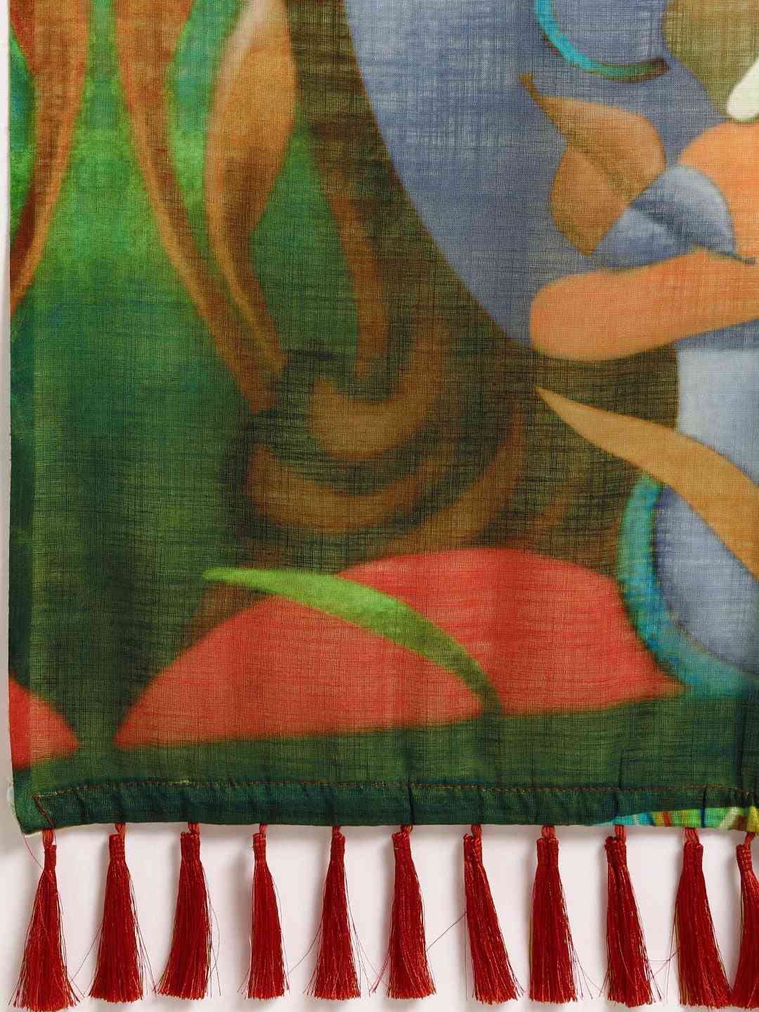 Stylish Abstract Printed Linen Saree With Resham Tassel by My Store