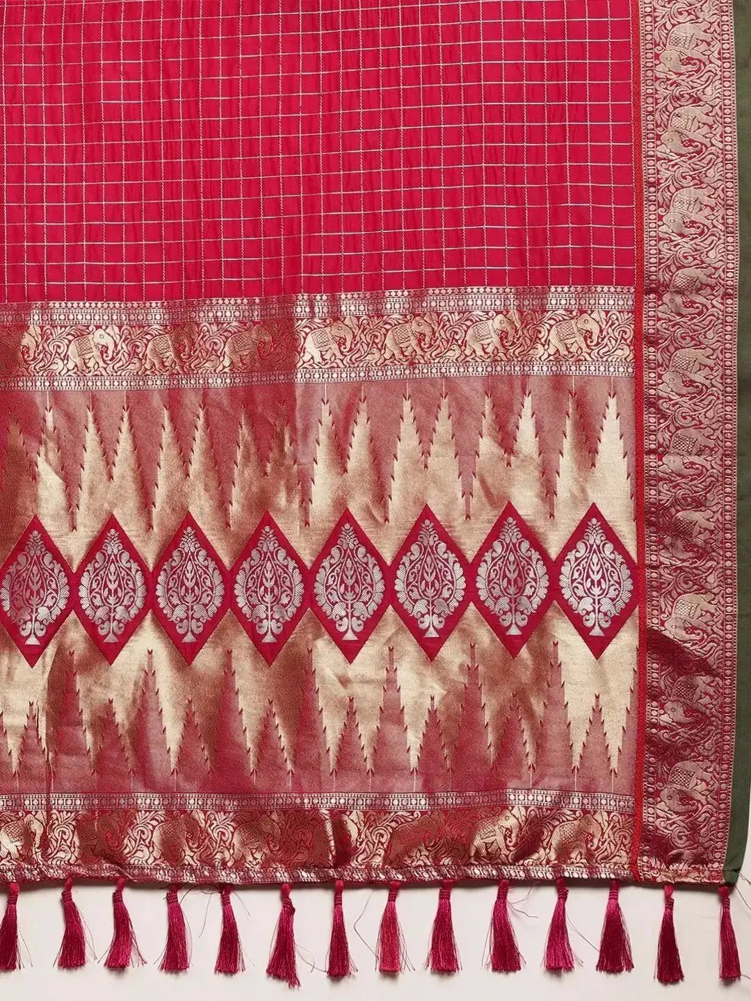 Banarasi Silk Saree with Intricate Checked Pattern and Woven Border