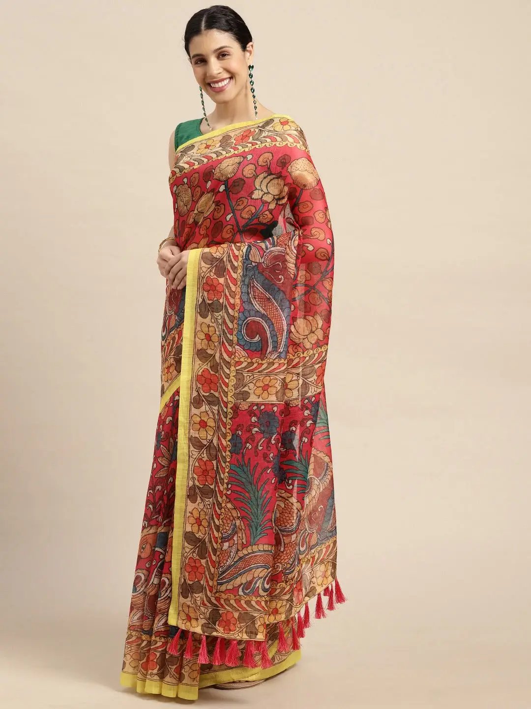 Beautiful Digital Print Kalamakri Design Soft Linen Saree
