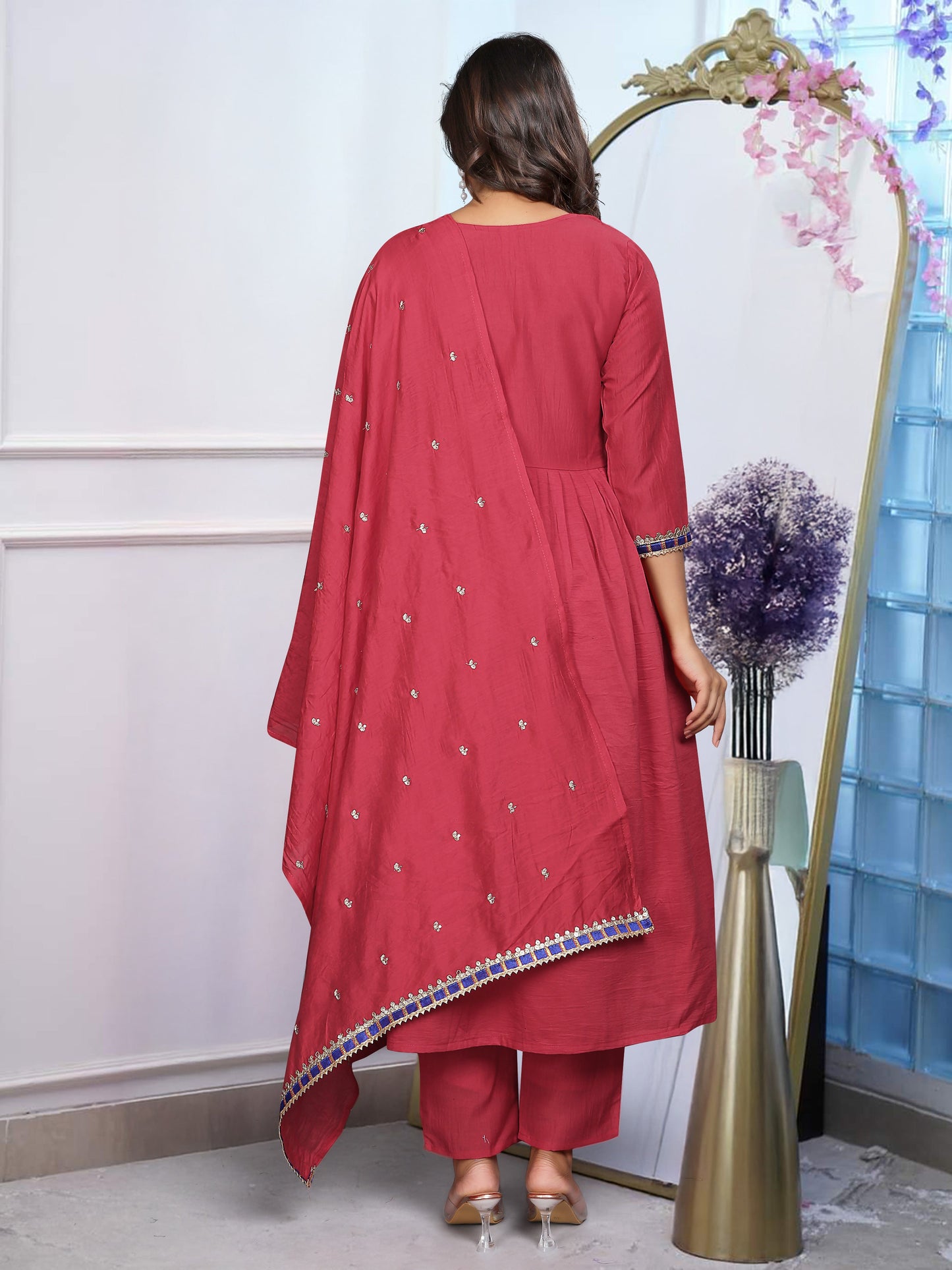 Festival Wear Chinon Red Kurta Set