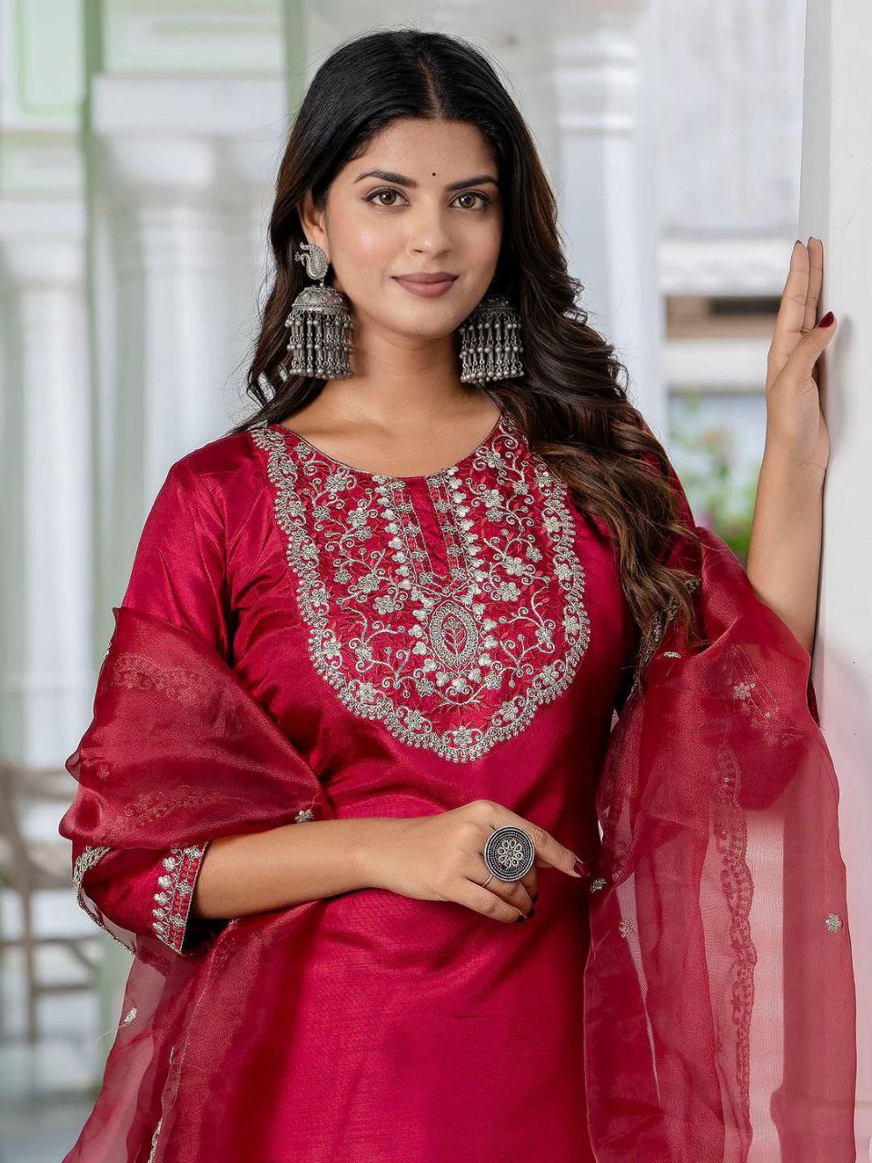 Vibrant Red Embroidered Kurta Set with Sheer Dupatta