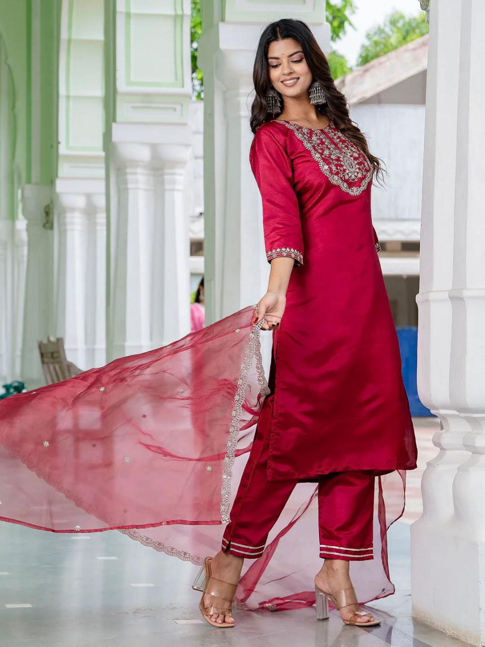 Vibrant Red Embroidered Kurta Set with Sheer Dupatta