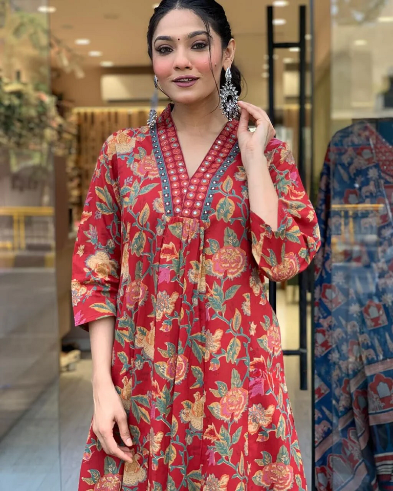 Elegant Red Floral Printed Kurti with Palazzo and Dupatta