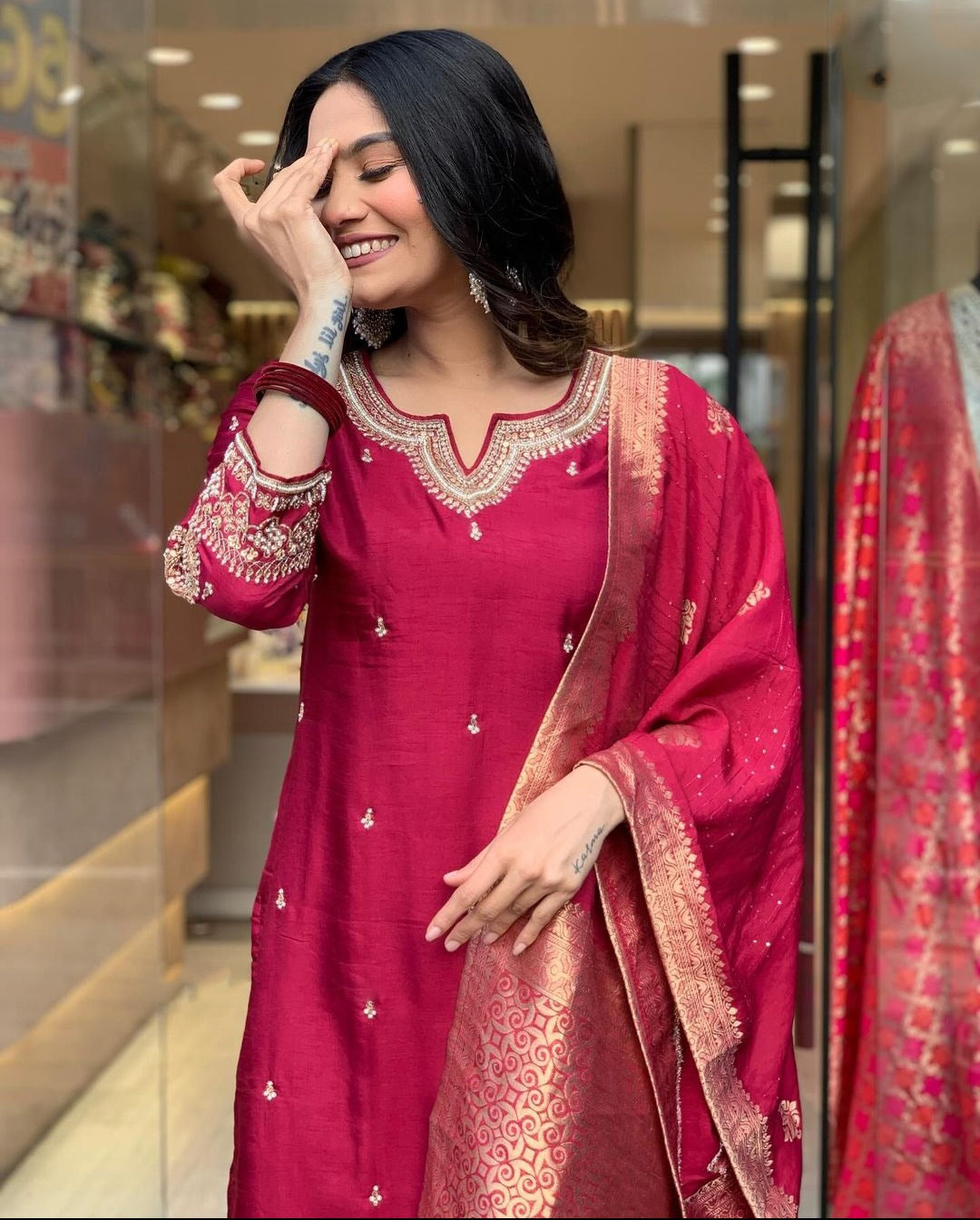 Elegant Royal Red Silk Suit with Banarasi Dupatta