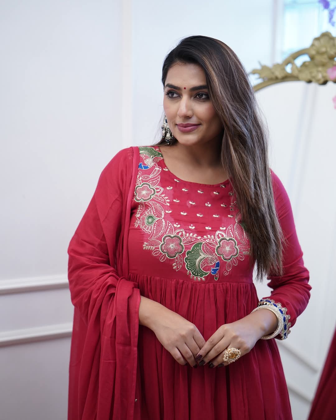 Festival Wear Chinon Red Kurta Set