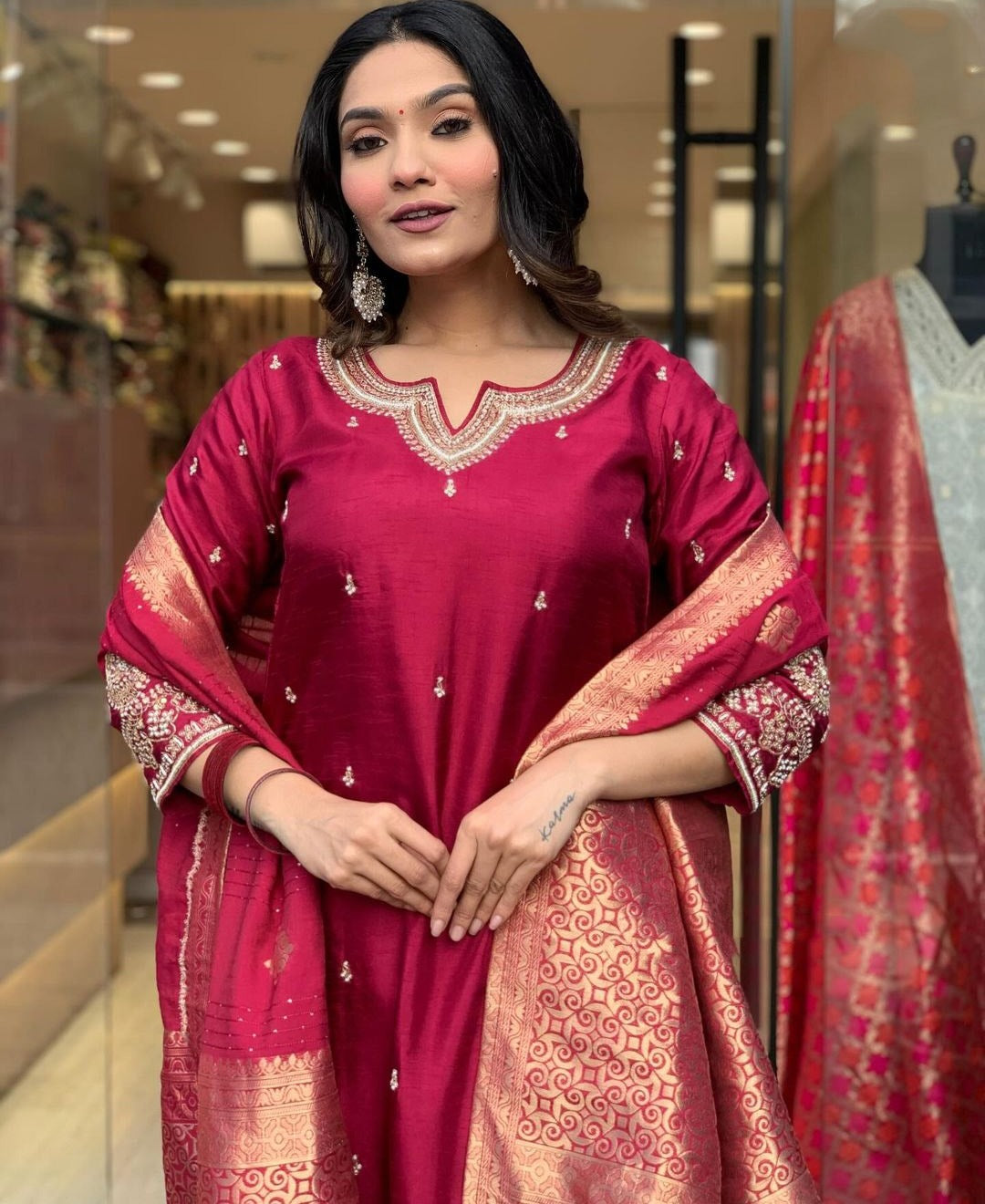 Elegant Royal Red Silk Suit with Banarasi Dupatta
