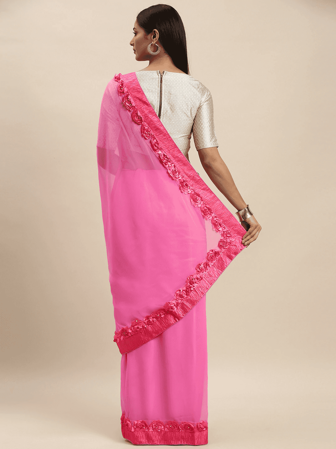 Ribbon Poly Georgette Party Wear Solid Saree by My Store