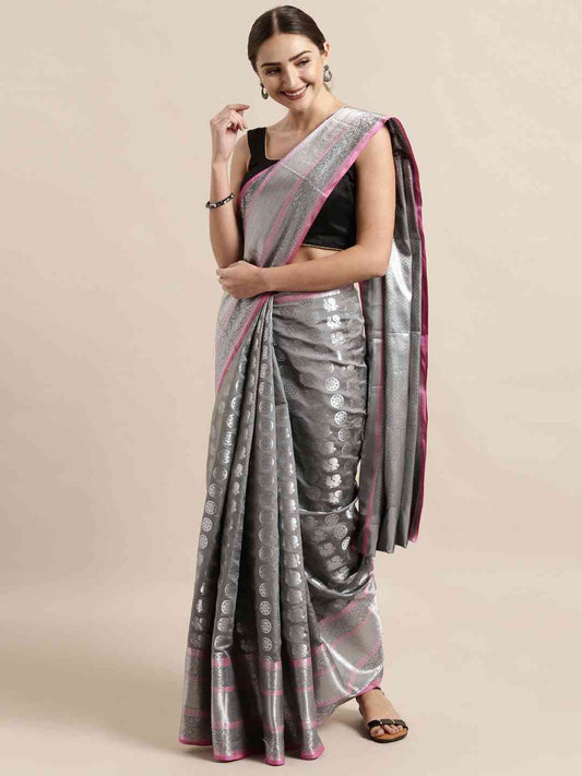 Kanjivaram Silk Grey Colour Zari Woven Design Saree by My Store