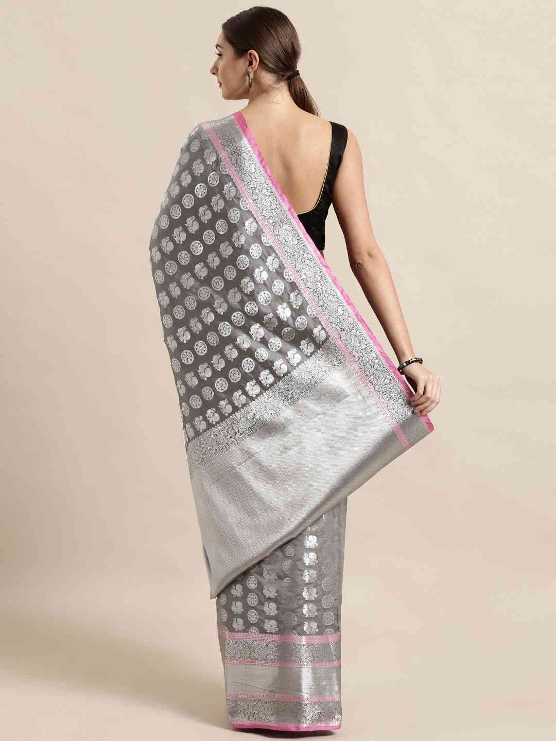 Kanjivaram Silk Grey Colour Zari Woven Design Saree by My Store