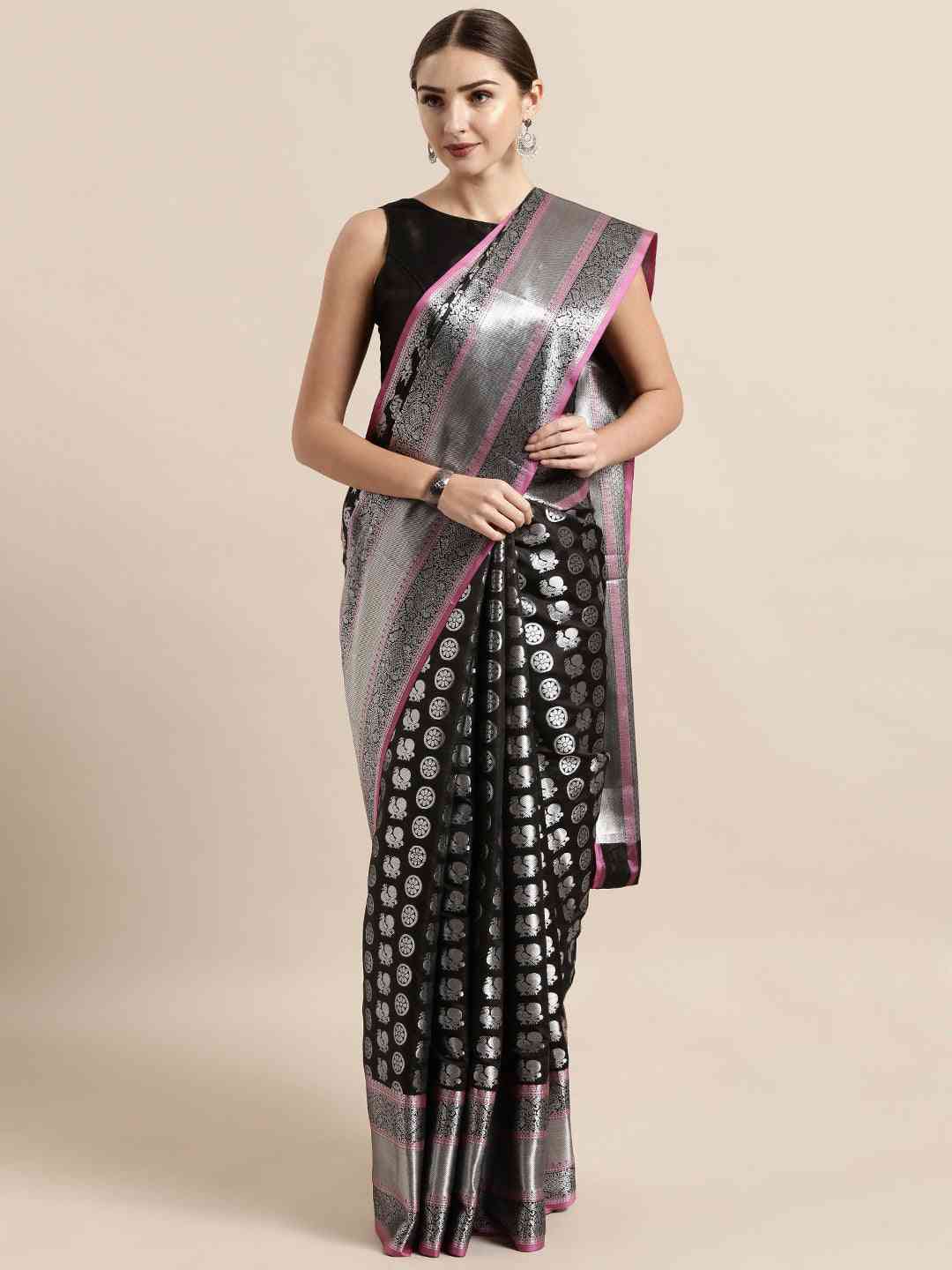 Kanjivaram Silk Black Colour Zari Woven Design Saree by My Store
