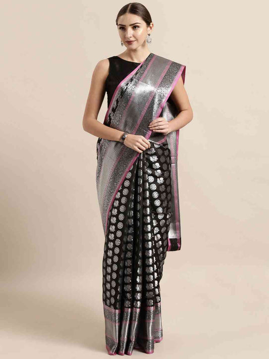 Kanjivaram Silk Black Colour Zari Woven Design Saree by My Store