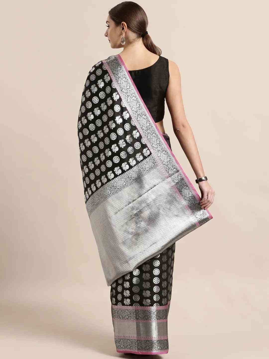 Kanjivaram Silk Black Colour Zari Woven Design Saree by My Store