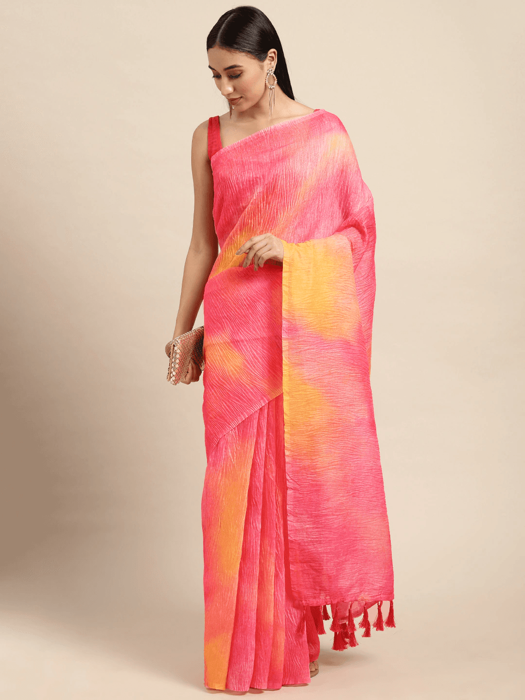 Bollywood Design Pink Colour Soft Linen Crush Saree by My Store