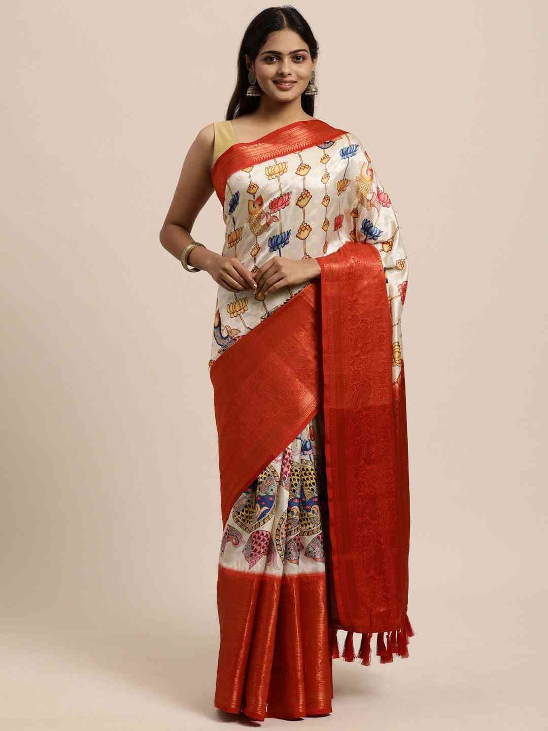 Beautiful Kalamkari Zari Work Silk Blend Kanjivaram Saree