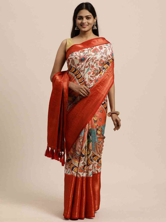 Kalamkari Zari Work Silk Blend Kanjivaram Saree by My Store