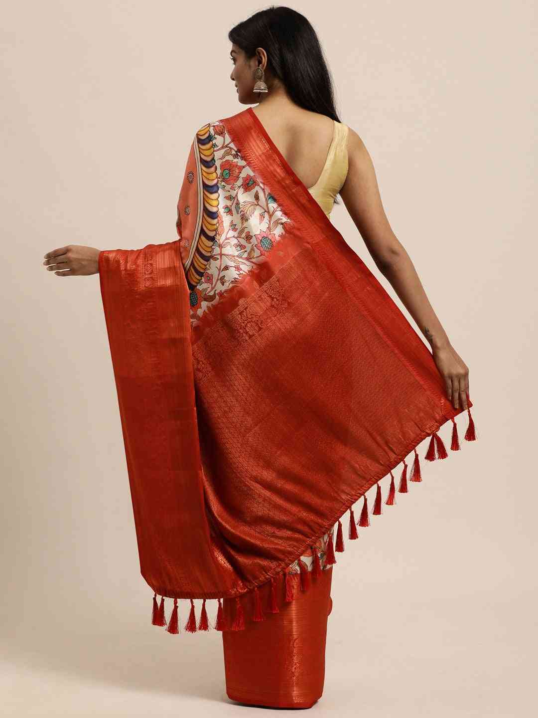 Kalamkari Zari Work Silk Blend Kanjivaram Saree by My Store