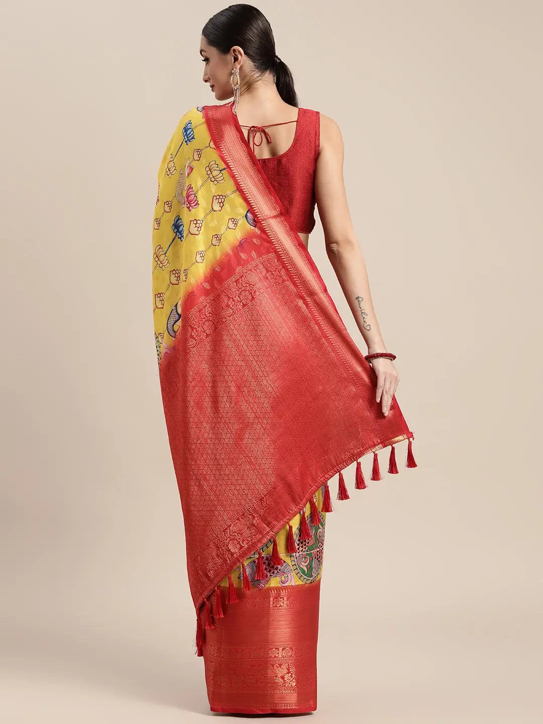 Digital Yellow Kalamkari Print Pattu Banarasi Silk Saree by My Store