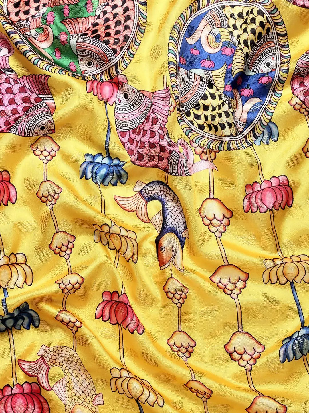 Digital Yellow Kalamkari Print Pattu Banarasi Silk Saree by My Store