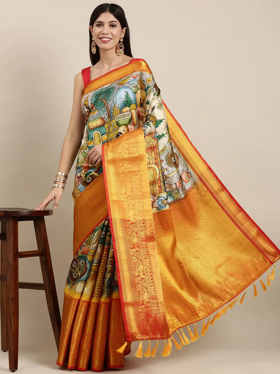 Village Kalamkari Print Kanchi Pattu Silk Saree