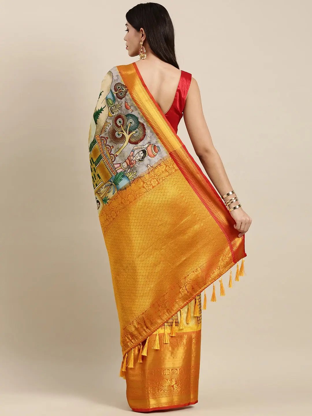 Village Kalamkari Print Kanchi Pattu Silk Saree